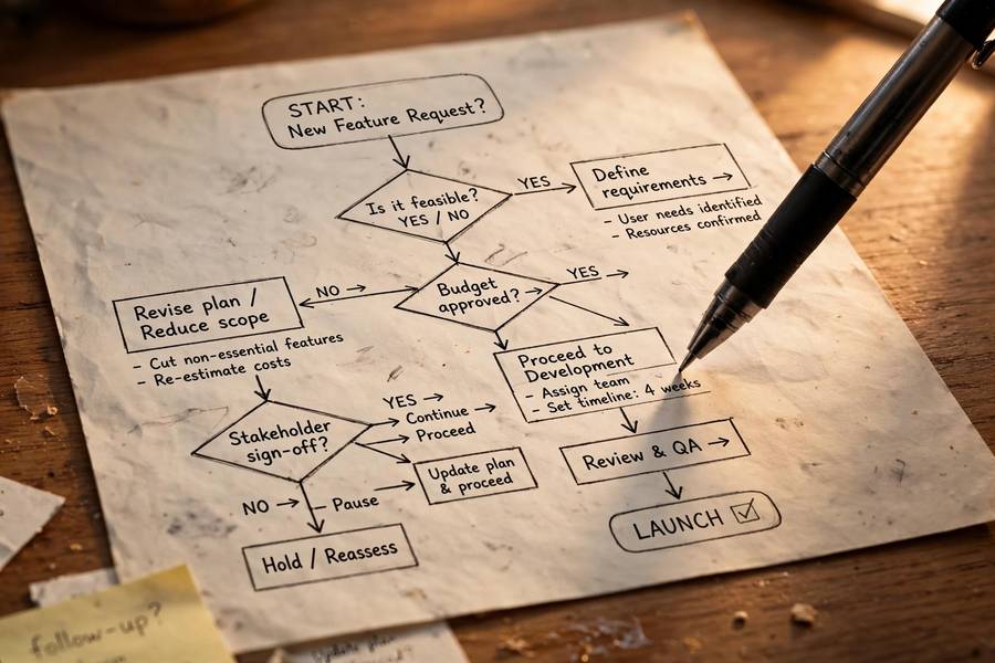 A hand-drawn flowchart showing how decisions branch step by step