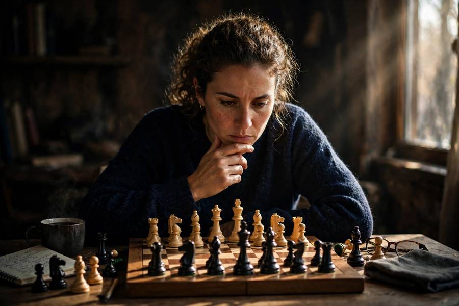A chess player weighing options, like an agent evaluating possible actions