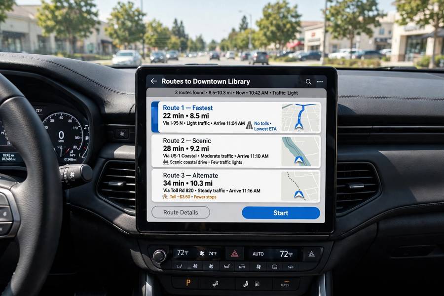 A GPS showing route options, an everyday example of machine decision-making