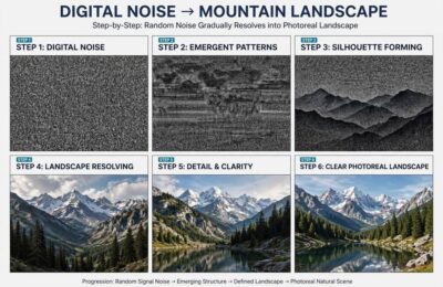 Diffusion process visualization showing how AI image generators work, from noise to clear image