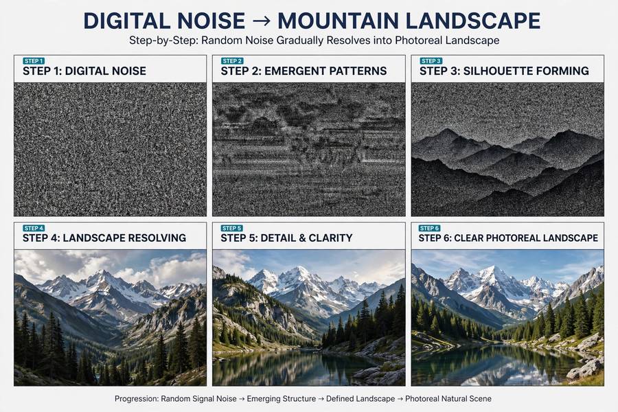 Diffusion process visualization showing how AI image generators work, from noise to clear image