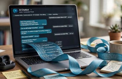 An AI chatbot maintaining a long conversation visualized as an unbroken ribbon