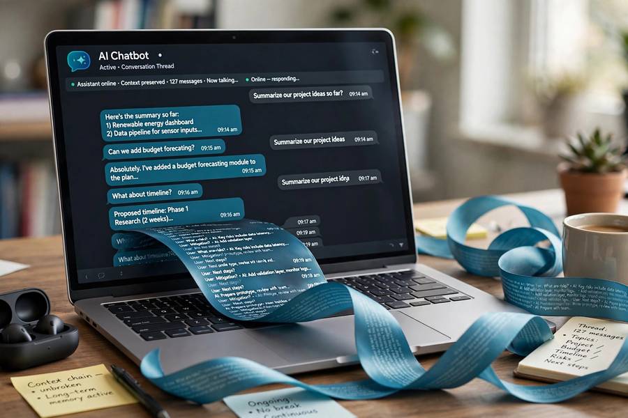 An AI chatbot maintaining a long conversation visualized as an unbroken ribbon