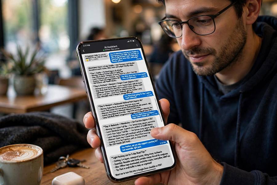 A person chatting with AI on a phone showing a long scroll of conversation history