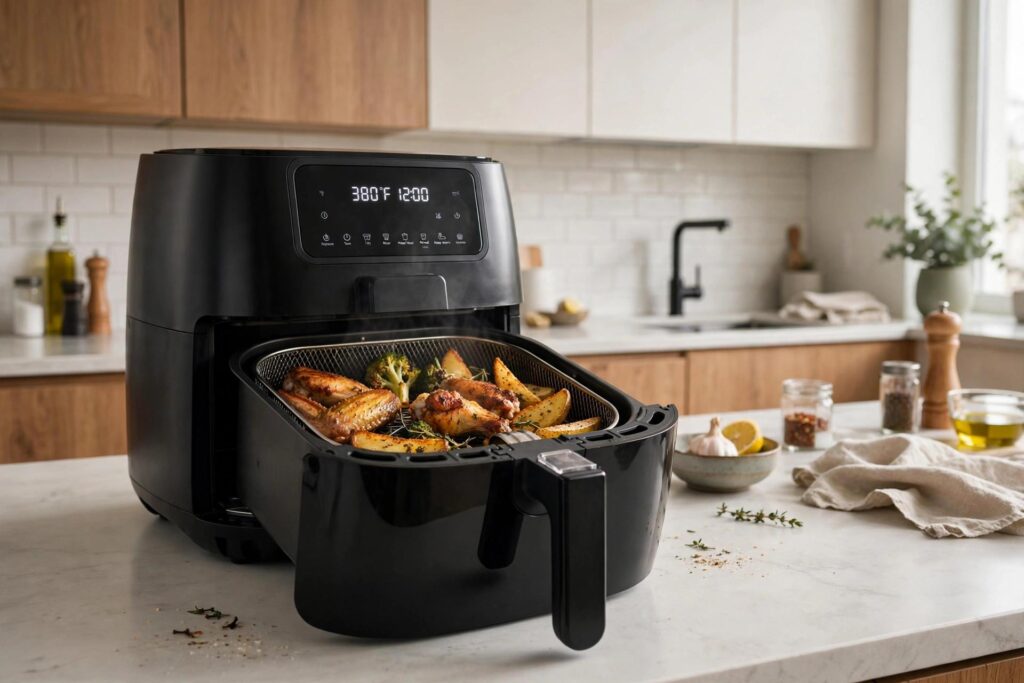 Air fryer on a kitchen counter with the basket pulled open