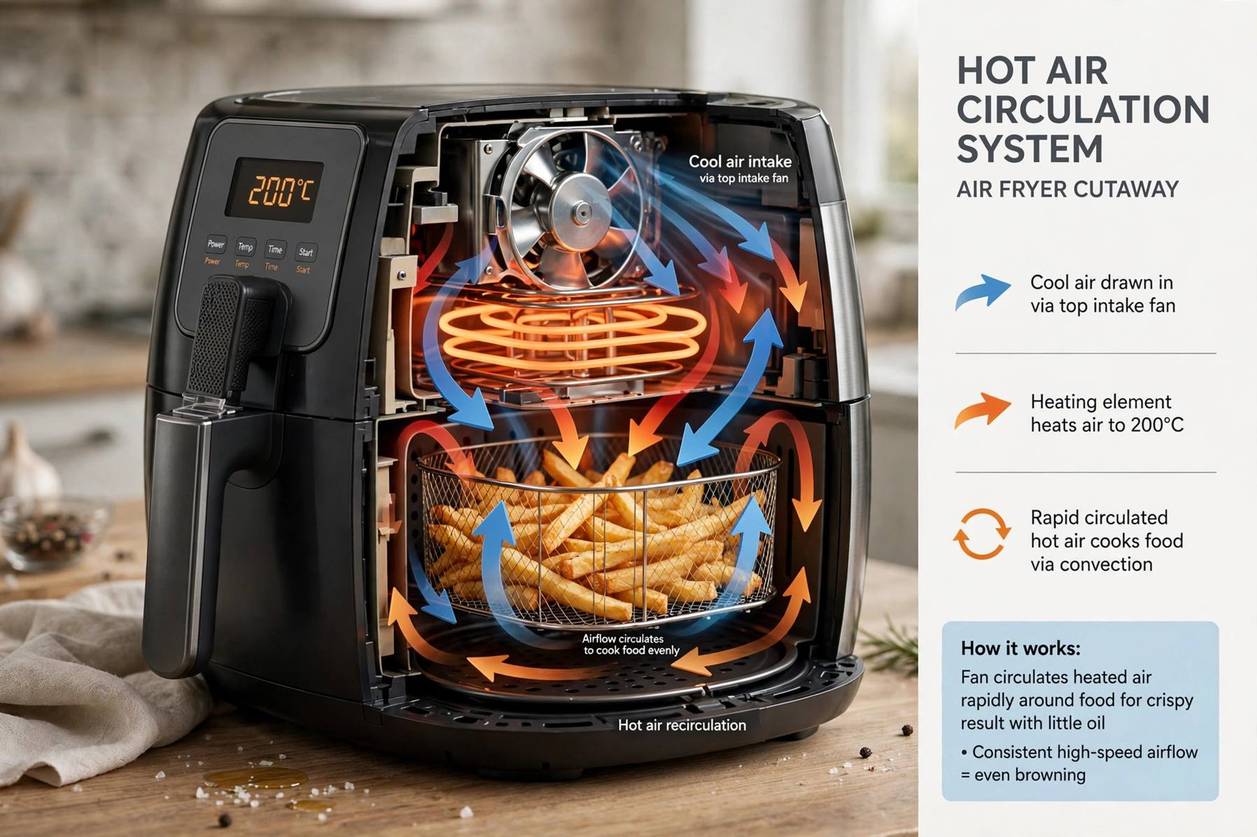 Diagram showing hot air circulation inside an air fryer