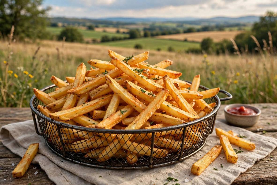 Golden crispy french fries in an air fryer basket