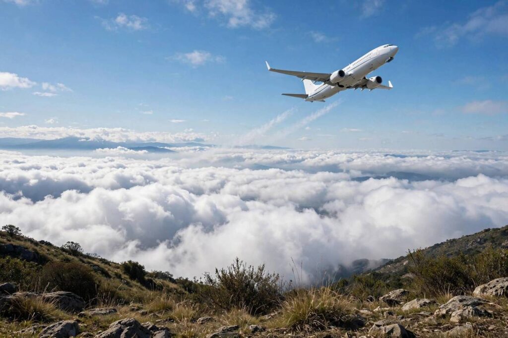 Commercial airplane taking off into a bright blue sky with clouds below
