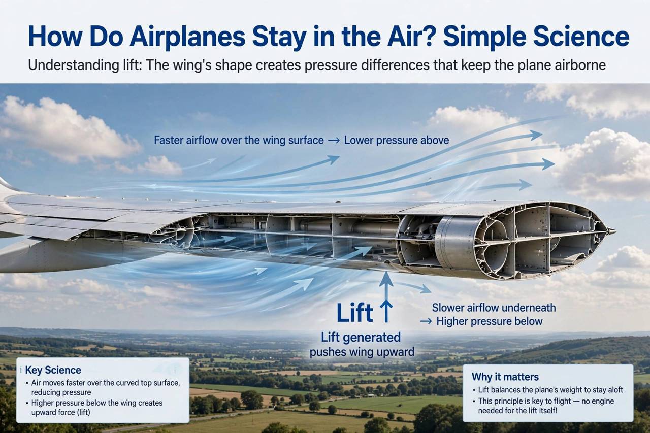 Airplane wing cross-section diagram style view with airflow lines over the wing