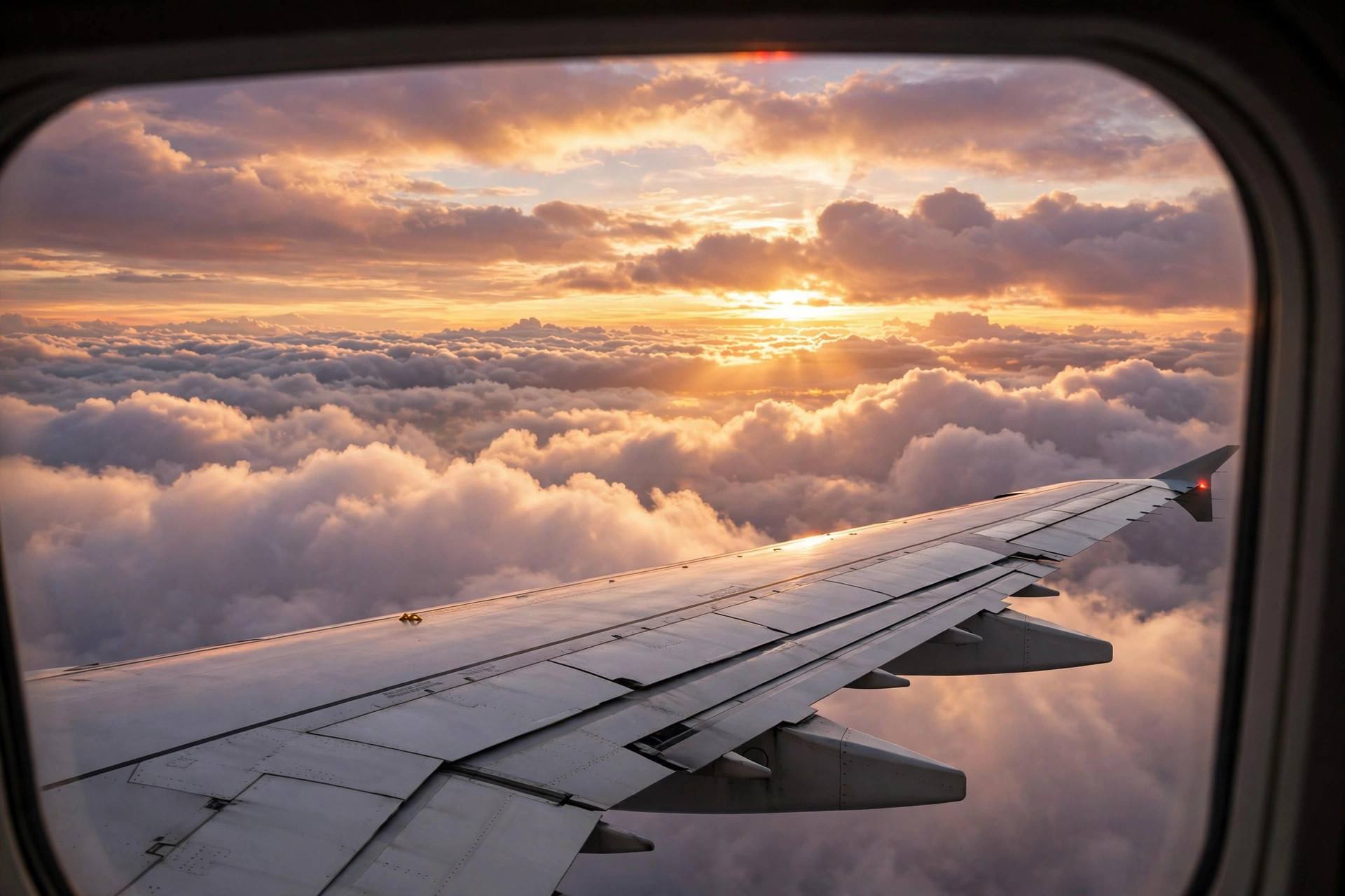 Airplane wing view from passenger window above the clouds at sunset