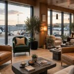 A comfortable airport lounge with runway views, showing how do airport lounges work