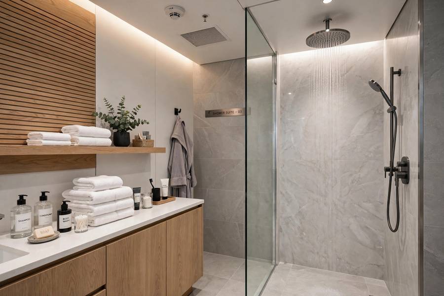 A private shower suite in an airport lounge, a perk explained in how do airport lounges work