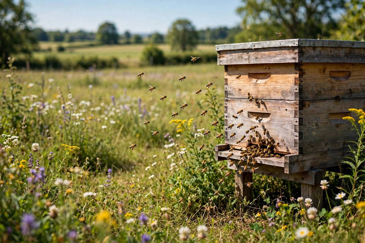 Honeybees flying around a wooden beehive entrance on a sunny day