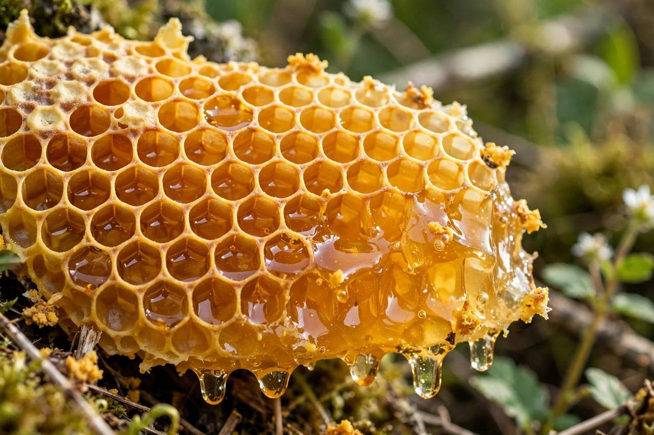 Close-up of golden honeycomb cells filled with honey