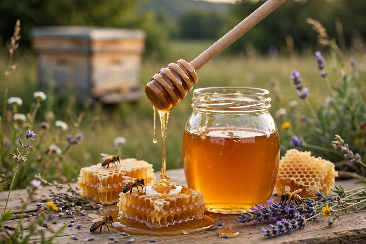 Glass jar of golden honey with a wooden dipper drizzling honey