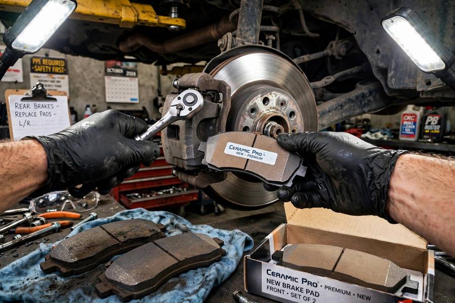 Mechanic replacing brake pads, a key part of how do brakes work