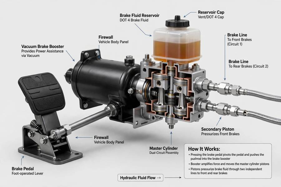 Brake pedal and master cylinder diagram explaining how do brakes work