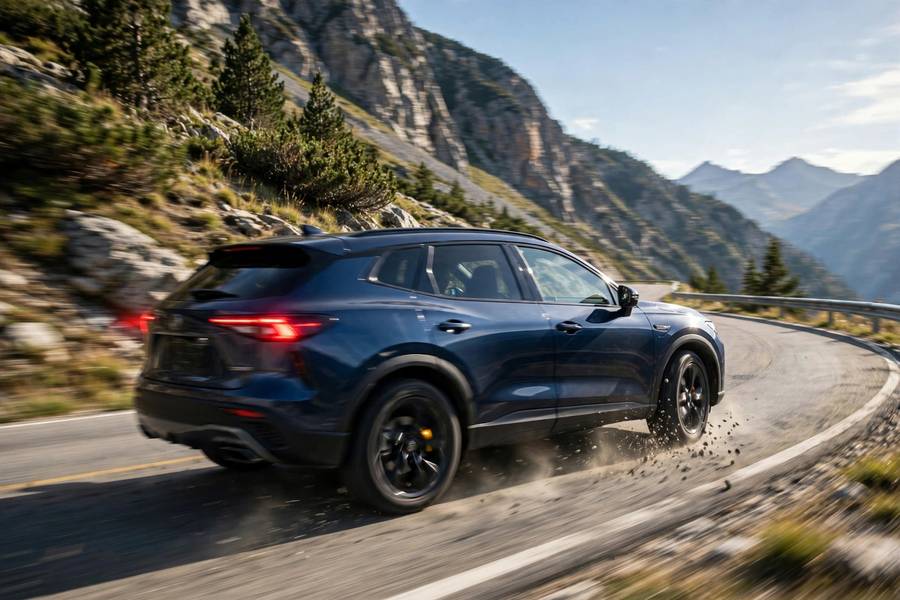 Car braking on a mountain road demonstrating how do brakes work in action
