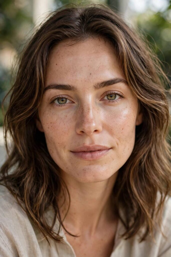Woman with natural glowing skin in soft daylight, minimal makeup, honest beauty portrait, photorealistic