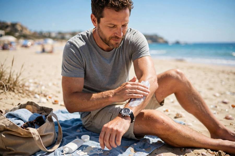 Person applying sunscreen on beach, bright sunny day, realistic lifestyle photo, photorealistic