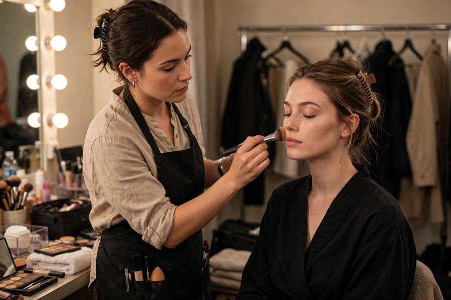 Professional makeup artist applying foundation to model, backstage beauty, soft lights, photorealistic