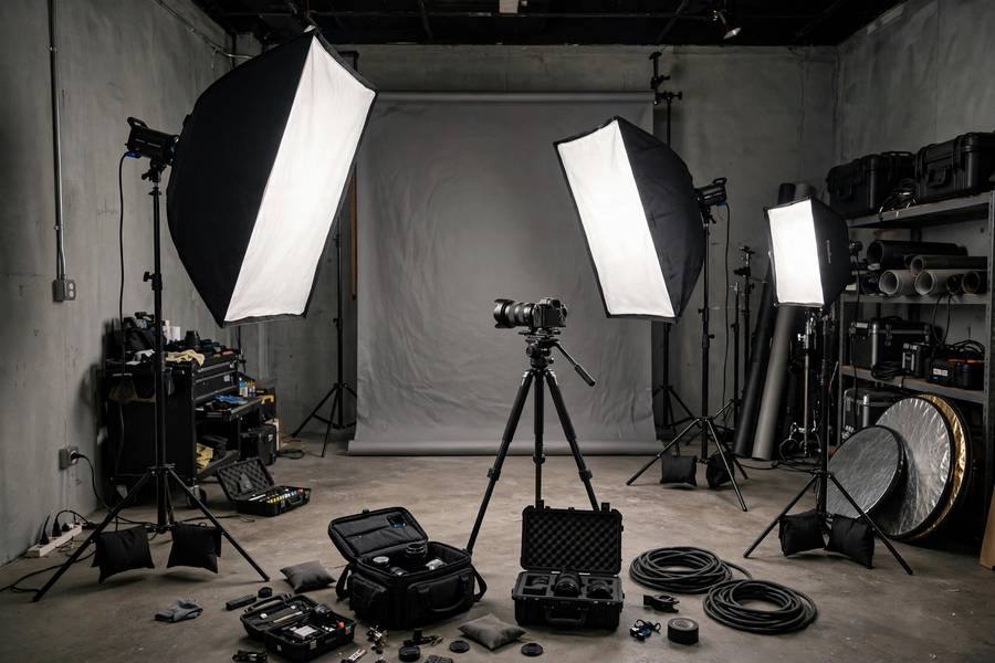 Photographer studio lighting setup with softbox, behind the scenes, professional equipment, photorealistic
