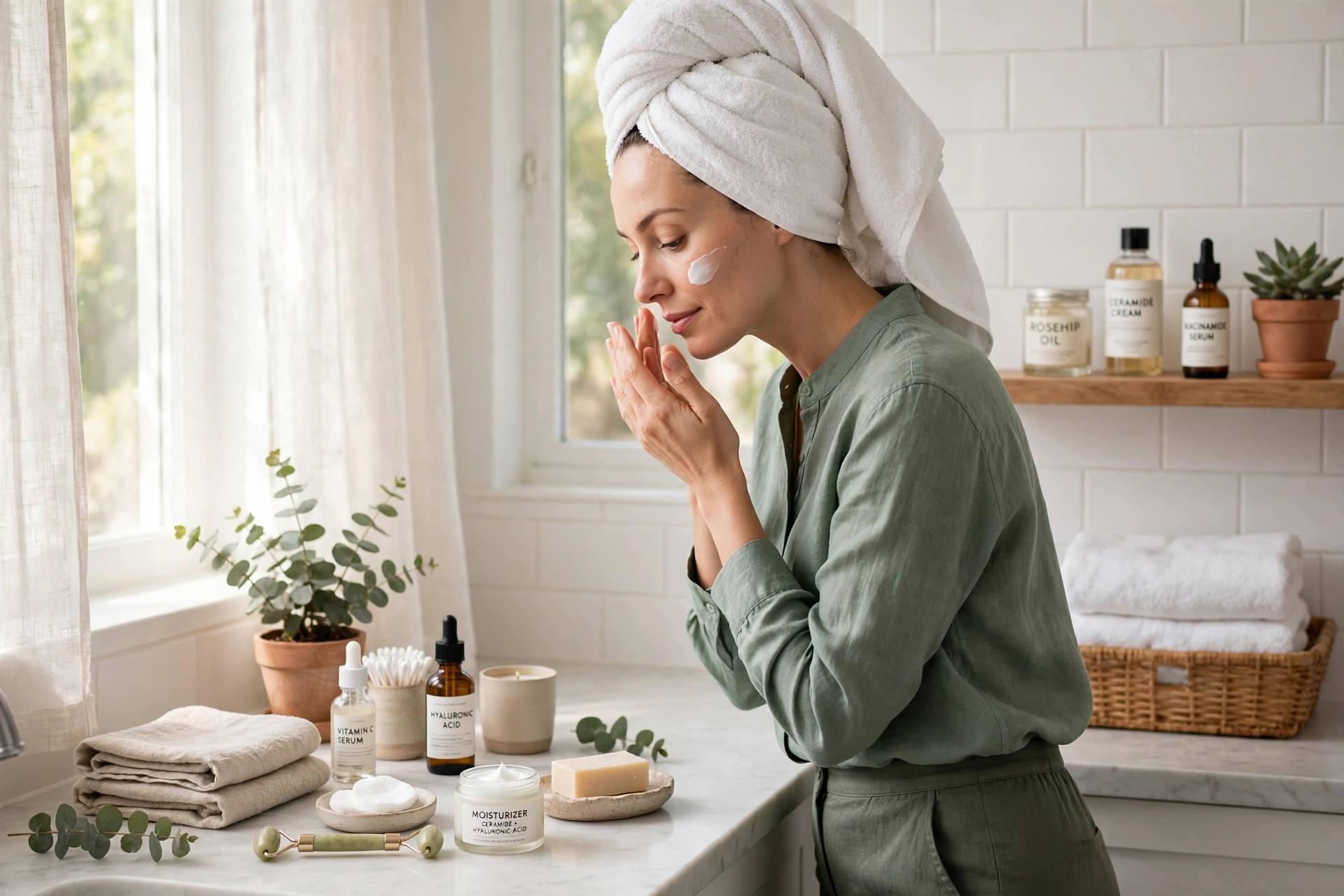 Woman with a towel on her head applying moisturizer in a bright bathroom
