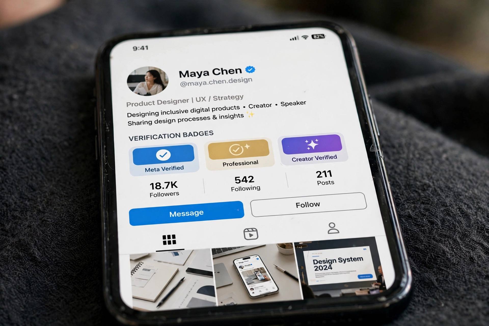 Close-up of a smartphone showing social media profile verification badges