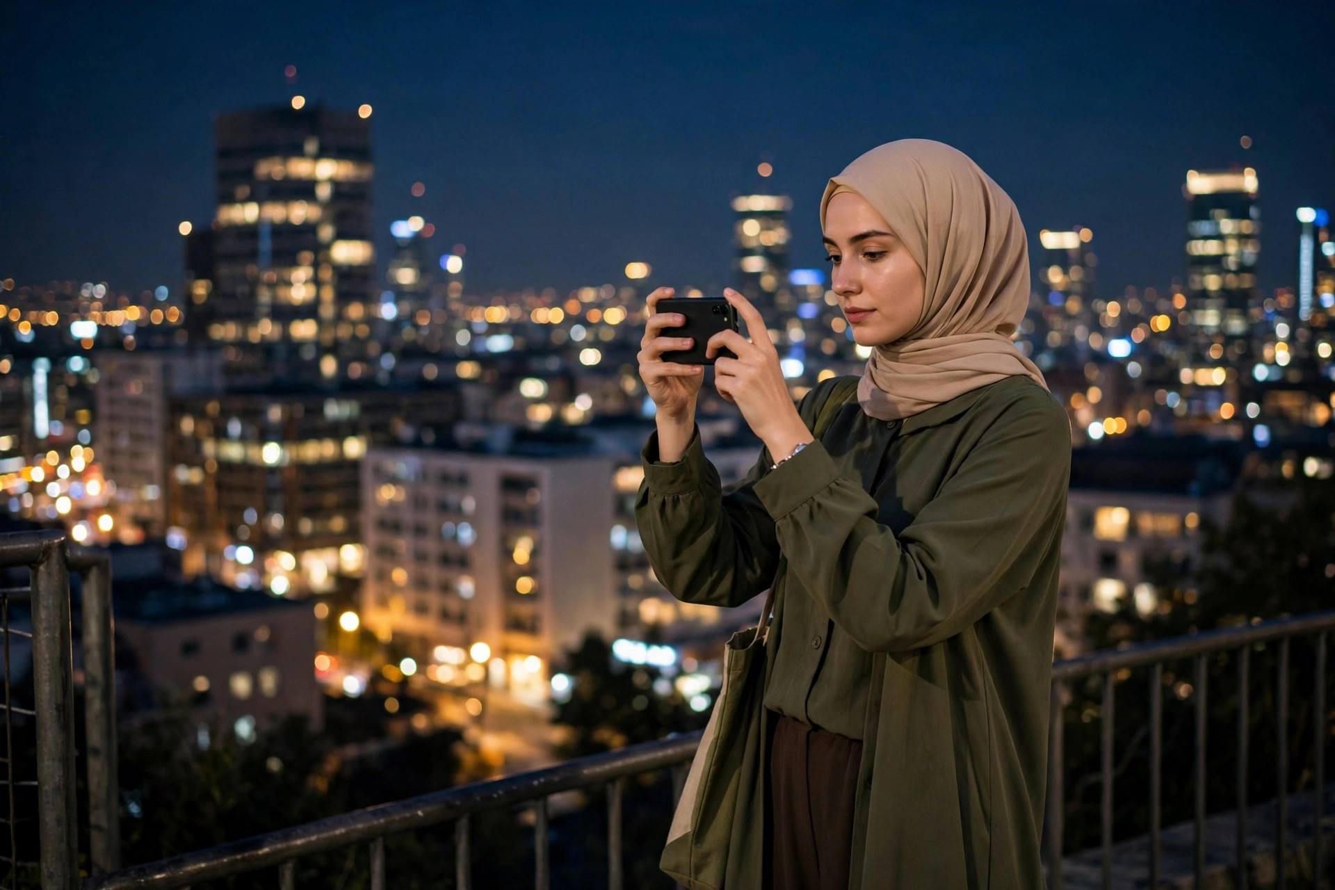 Person taking a smartphone photo for social media with city lights in the background