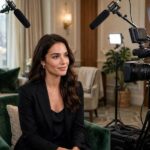Celebrity being interviewed at press junket, hotel suite setup, cameras, photorealistic