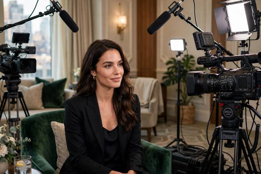 Celebrity being interviewed at press junket, hotel suite setup, cameras, photorealistic