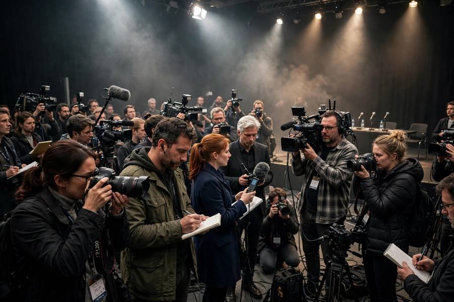 Busy press room with journalists and cameras at film press conference, photorealistic