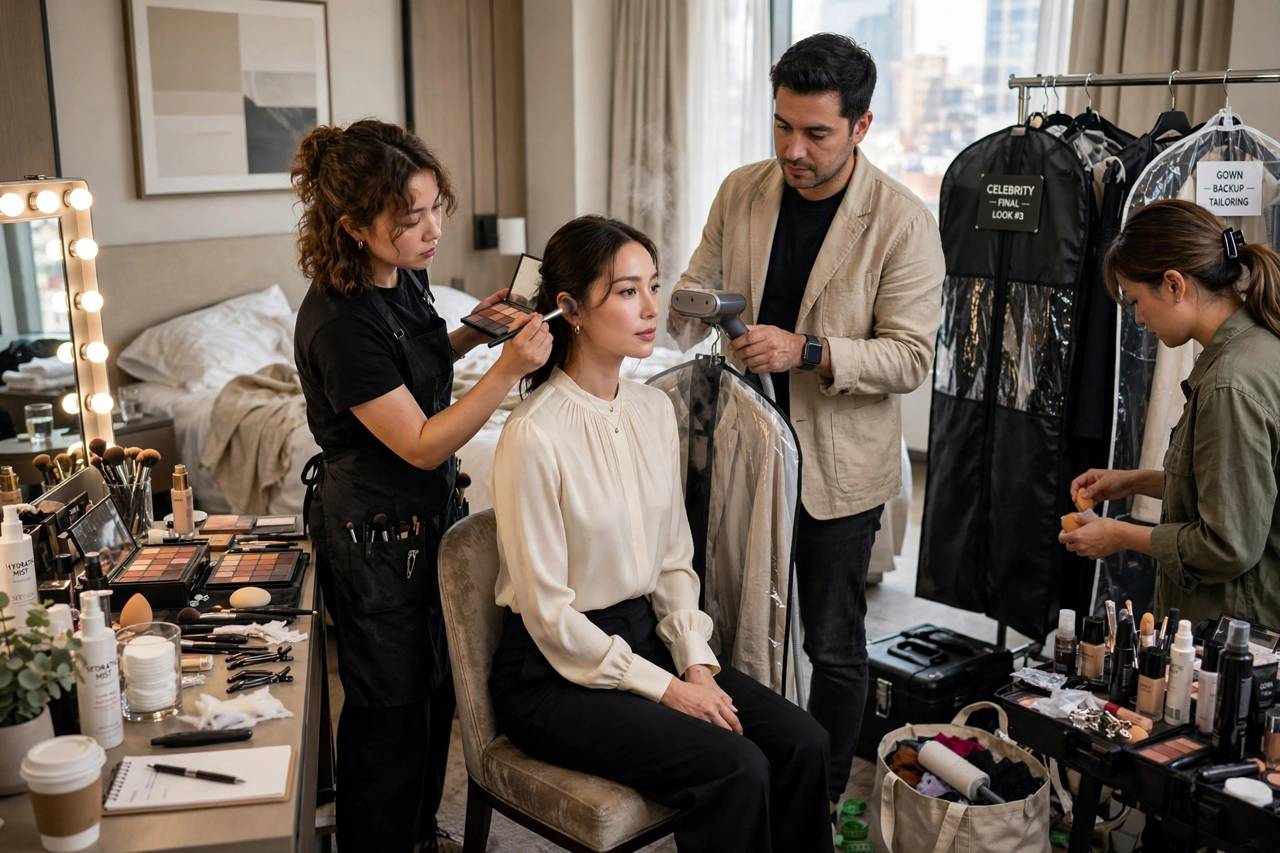 Stylist team preparing celebrity in hotel room, garment bags and makeup station, photorealistic