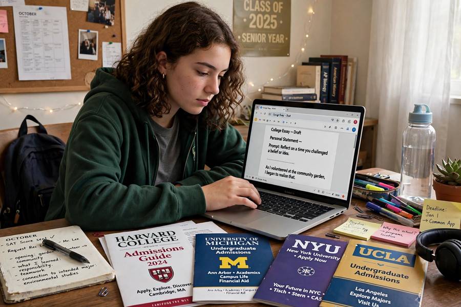 Student writing a college essay while learning how college applications work