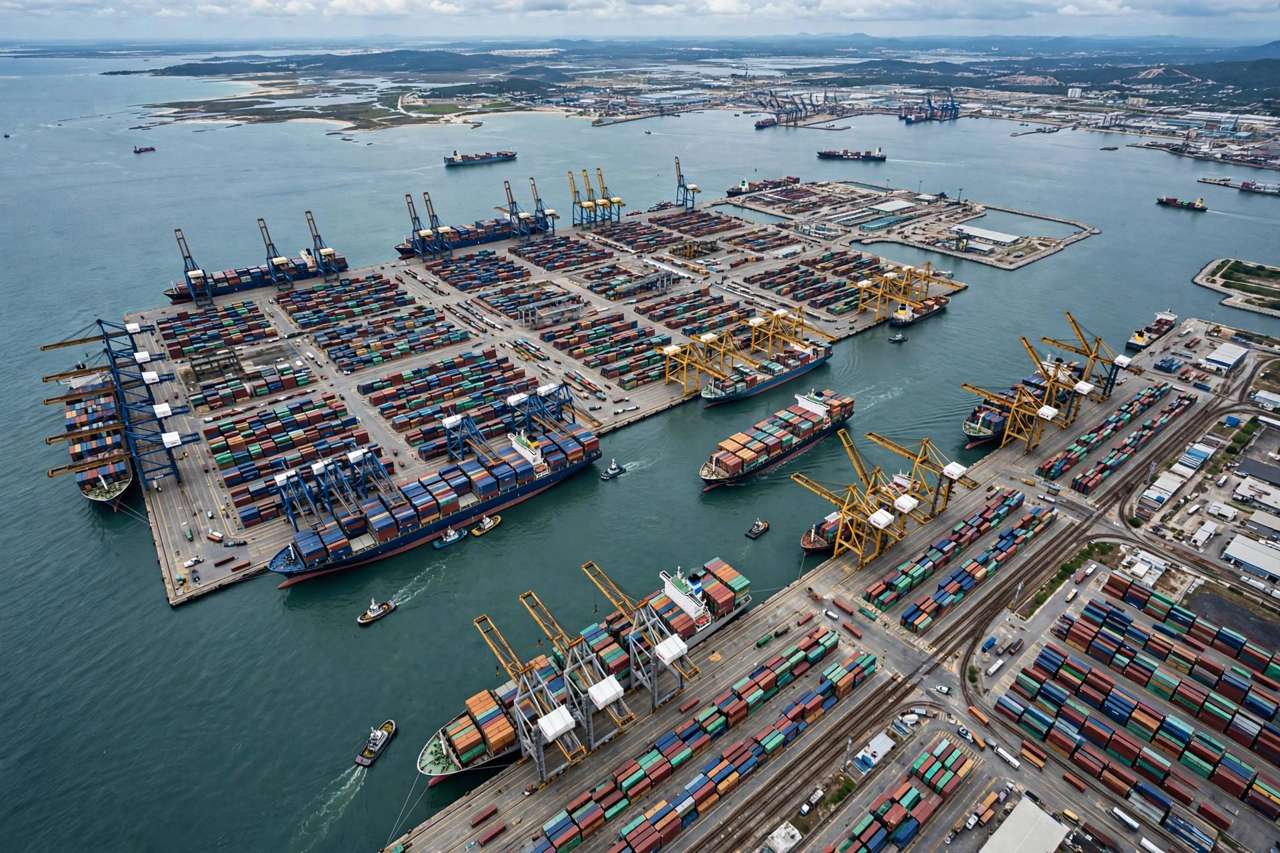 Aerial view of container ships at a busy commercial port representing global trade flows