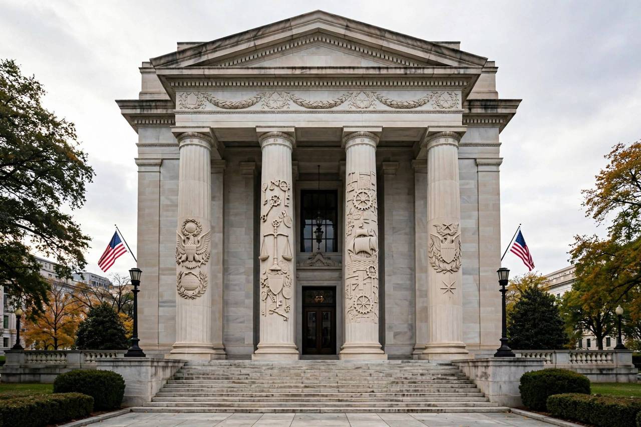 Government building with columns representing the institutions that design sanctions policy