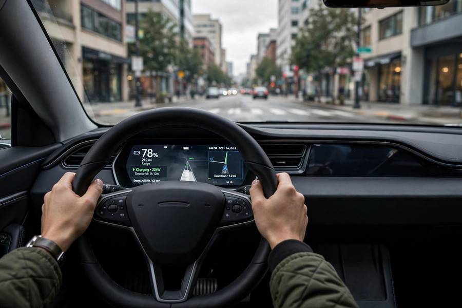 EV dashboard display showing range and battery status while learning how electric vehicles work