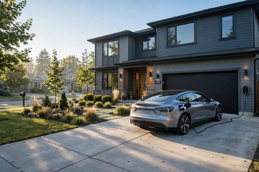 Home charging setup for an electric vehicle in a suburban driveway
