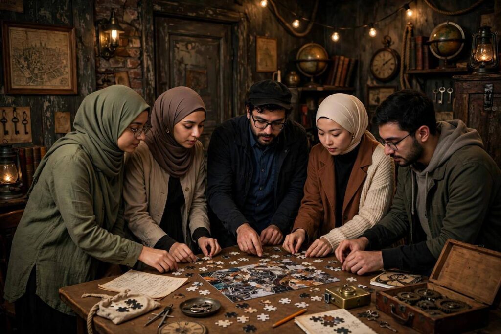 Group of friends working together on puzzles inside a dimly lit escape room with vintage decor