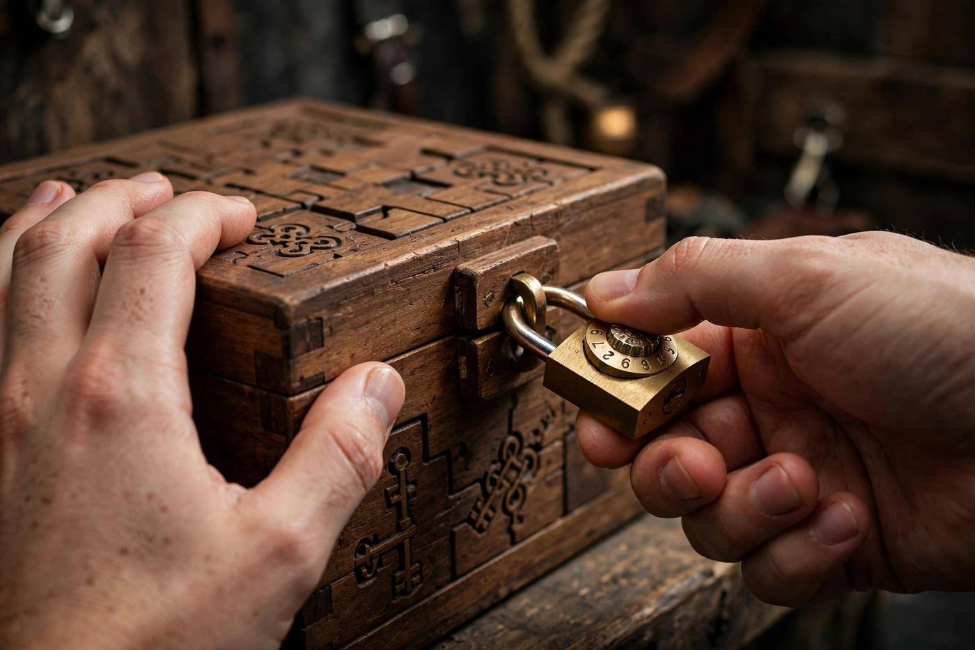 Close-up of hands unlocking a combination padlock on a wooden puzzle box in an escape room
