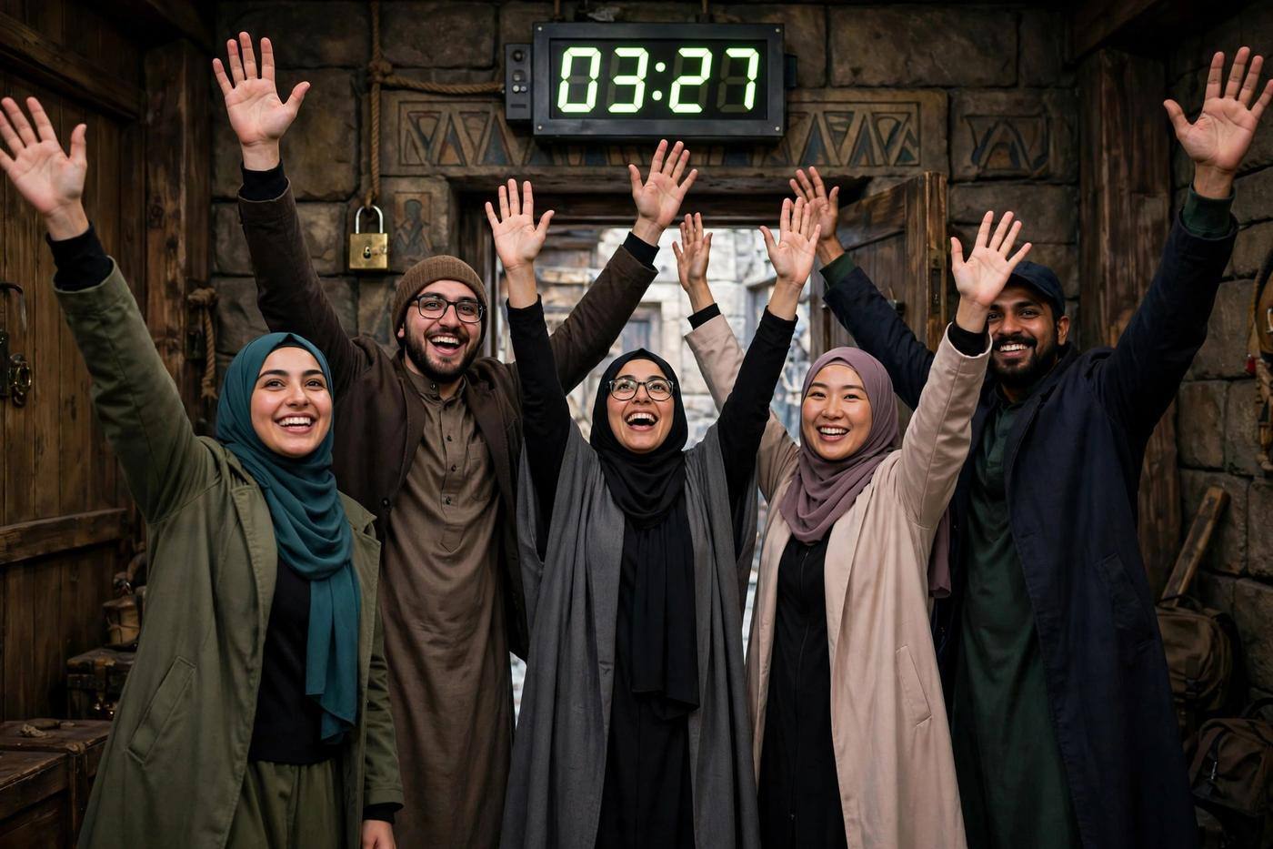 Friends celebrating with raised arms after escaping a themed room with a large timer showing remaining minutes