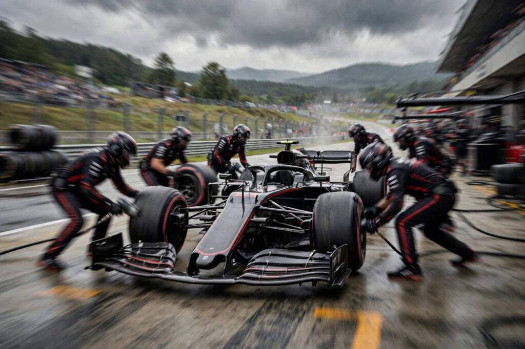 Formula 1 pit crew changing all four tyres on a race car during a lightning pit stop