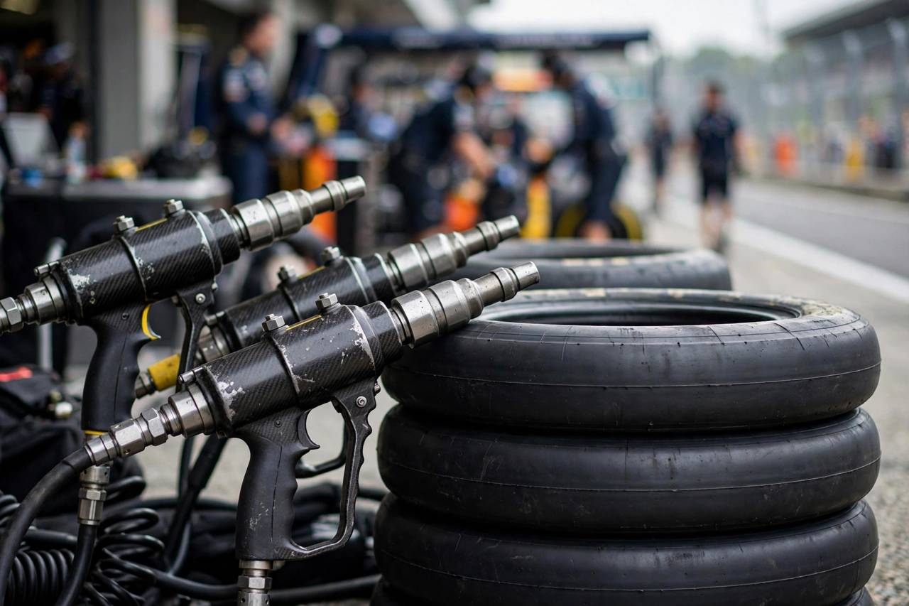 Close-up of Formula 1 tyre guns and fresh racing tyres ready in the pit box