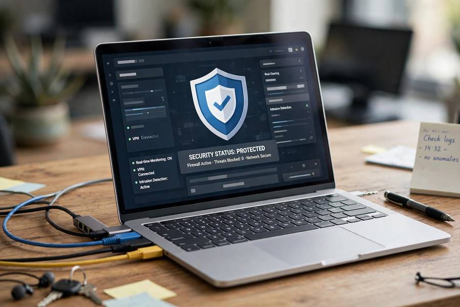 Laptop with security shield icon and network cables