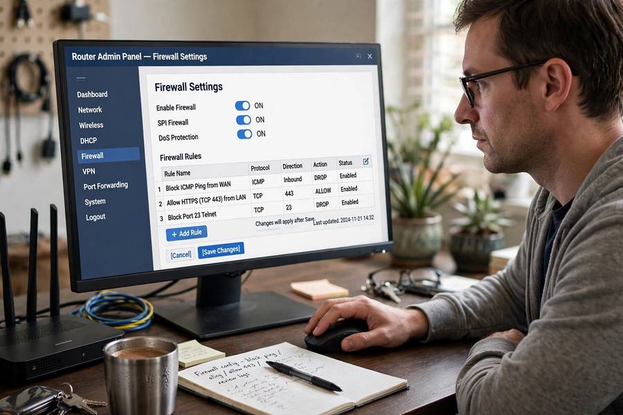 Person configuring firewall settings on a router admin page