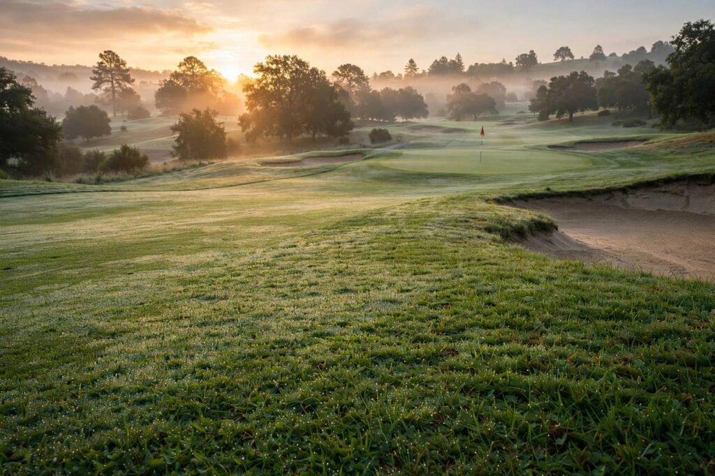 Golf course fairway at sunrise with flagstick on green, no people