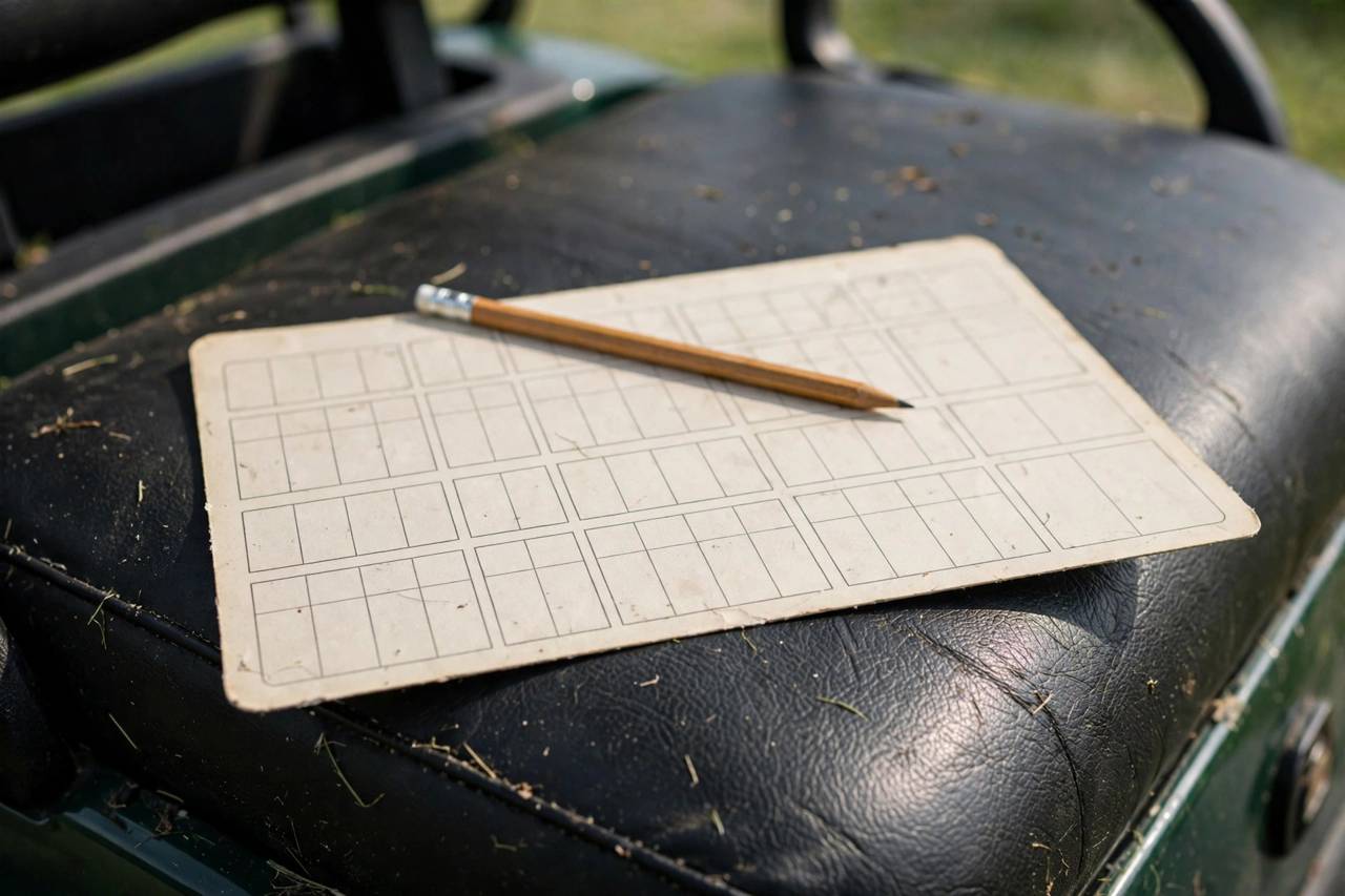 Close-up of golf scorecard and pencil on a golf cart seat, no people