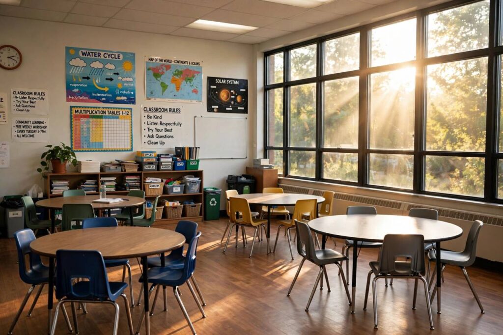 Community classroom with round tables and educational posters on the walls