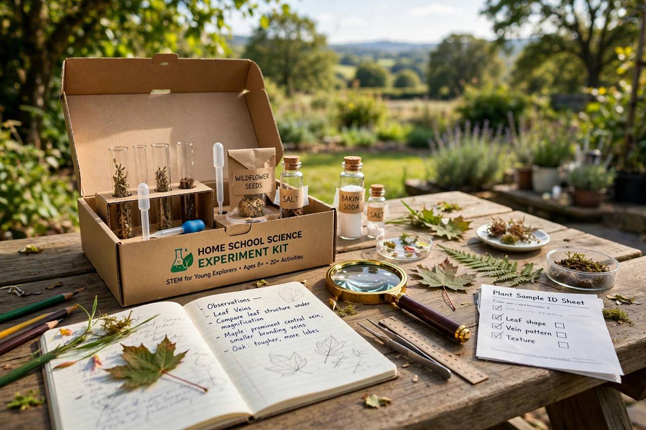 Homeschool science experiment kit with magnifying glass and plant samples on a table