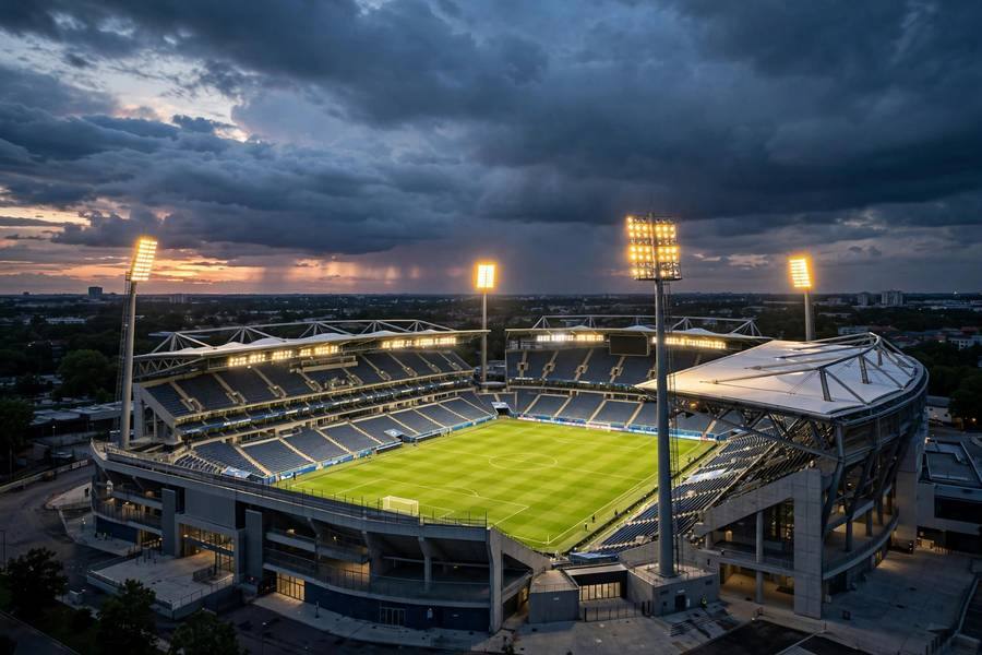Modern football stadium at dusk with floodlights on before a World Cup match